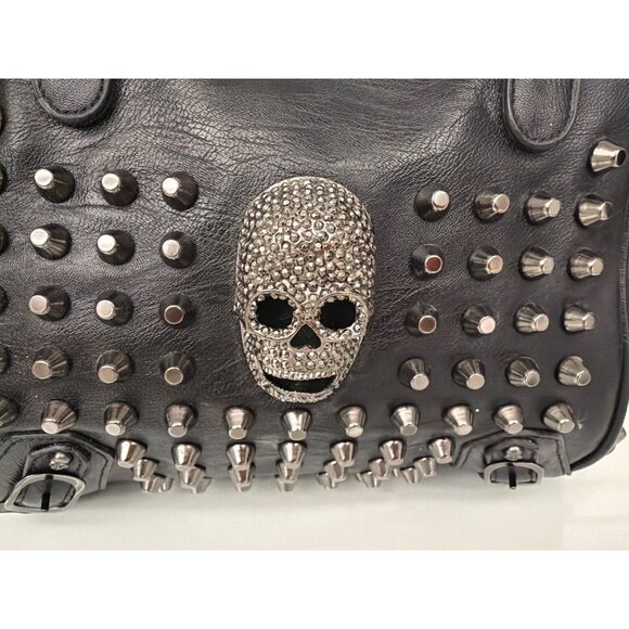 UTO Women's Black Faux Leather Skull Rivet Studded Large Tote Purse Handbag - Picture 6 of 16